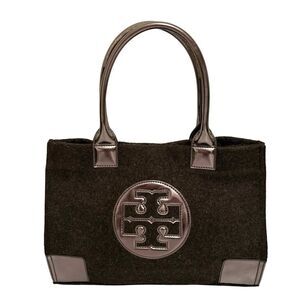 Tory Burch Ella Tote Bag Brown Felt Wool w Detail Metallic Patent Leather